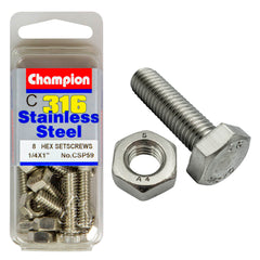 Champion - HEX SET SCREWS & NUTS-STAINLESS STEEL-1/4"x1"-UNC-316/A4 | CSP59