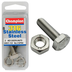 Champion - HEX SET SCREWS & NUTS-STAINLESS STEEL-3/8"x1-1/2"-UNC-316/A4 | CSP64