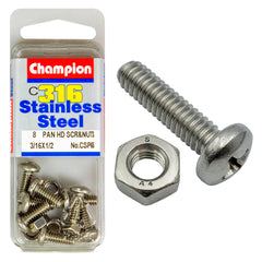 Champion - MACHINE SCREWS & NUTS-PAN-PHILLIPS-STAINLESS STEEL-3/16"x1/2"-316/A4 | CSP65