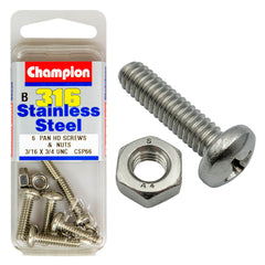 Champion - MACHINE SCREWS & NUTS-PAN-PHILLIPS-STAINLESS STEEL-3/16"x3/4"-316/A4 | CSP66