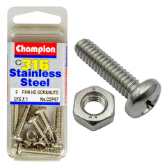 Champion - MACHINE SCREWS & NUTS-PAN-PHILLIPS-STAINLESS STEEL-3/16"x1"-316/A4 | CSP67