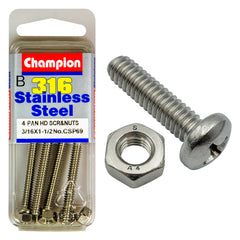 Champion - MACHINE SCREWS & NUTS-PAN-PHILLIPS-STAINLESS STEEL-3/16"x1-1/2"-316/A4 | CSP69