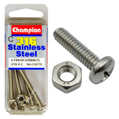 Champion - MACHINE SCREWS & NUTS-PAN-PHILLIPS-STAINLESS STEEL-3/16"x2"-316/A4 | CSP70