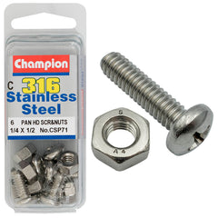 Champion - MACHINE SCREWS & NUTS-PAN-PHILLIPS-STAINLESS STEEL-1/4"x1/2"-316/A4 | CSP71