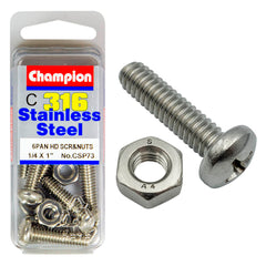 Champion - MACHINE SCREWS & NUTS-PAN-PHILLIPS-STAINLESS STEEL-1/4"x1"-316/A4 | CSP73