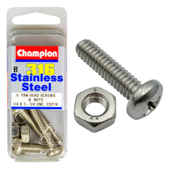 Champion - MACHINE SCREWS & NUTS-PAN-PHILLIPS-STAINLESS STEEL-1/4"x1-1/4"-316/A4 | CSP74