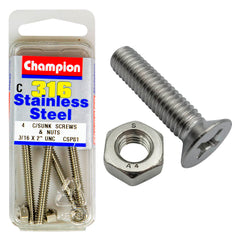 Champion - MACHINE SCREWS & NUTS-CSK-PHILLIPS-STAINLESS STEEL-3/16"x2"-316/A4 | CSP81