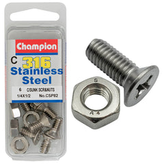 Champion - MACHINE SCREWS & NUTS-CSK-PHILLIPS-STAINLESS STEEL-1/4"x1/2"-316/A4 | CSP82