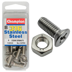 Champion - MACHINE SCREWS & NUTS-CSK-PHILLIPS-STAINLESS STEEL-1/4"x3/4"-316/A4 | CSP83
