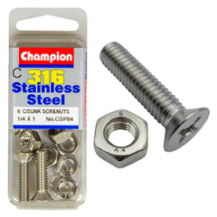 Champion - MACHINE SCREWS & NUTS-CSK-PHILLIPS-STAINLESS STEEL-1/4"x1-316/A4 | CSP84