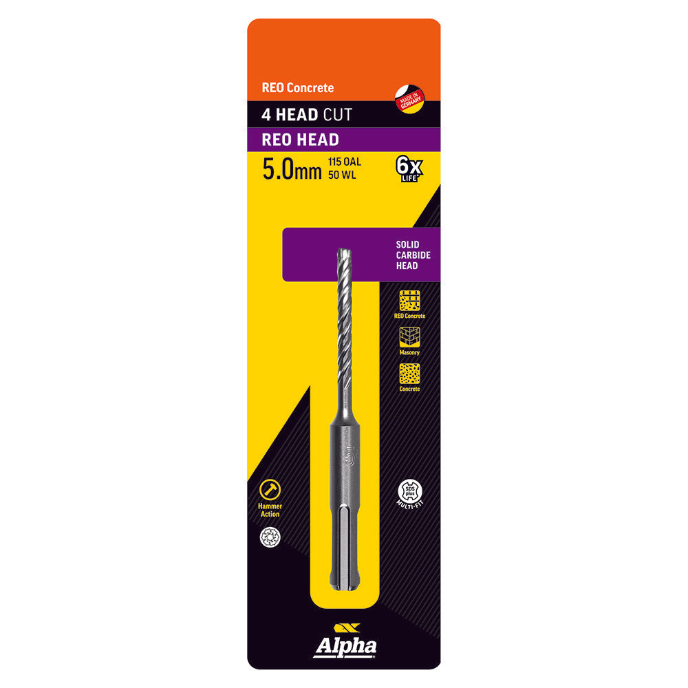 5.0 x 115mm Reo Head SDS Plus 4 Cutter Masonry Drill Carded