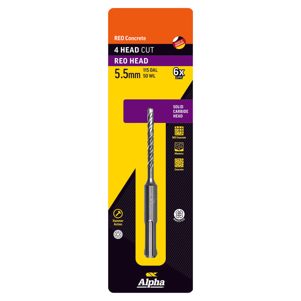 5.5 x 115mm Reo Head SDS Plus 4 Cutter Masonry Drill Carded