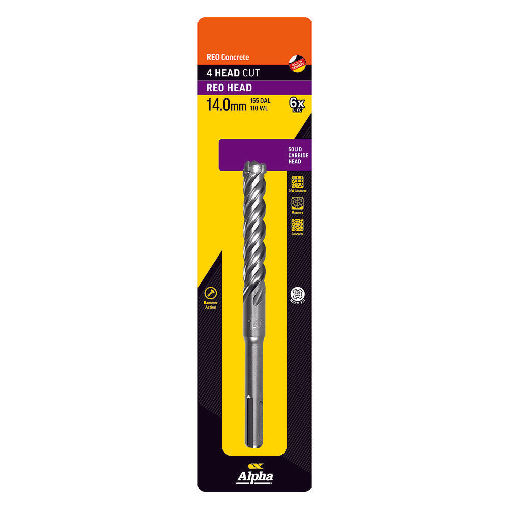 14.0 x 165mm Reo Head SDS Plus 4 Cutter Masonry Drill Carded