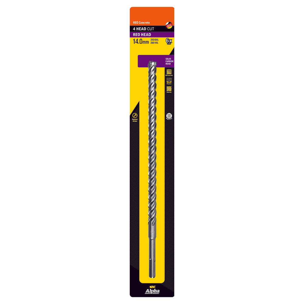 14.0 x 315mm Reo Head SDS Plus 4 Cutter Masonry Drill Carded