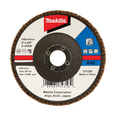 Makita Grinding & Cutting 100mm Flap Disc 40# Grit - Aluminium Oxide - Angled  | SKU  D-26989