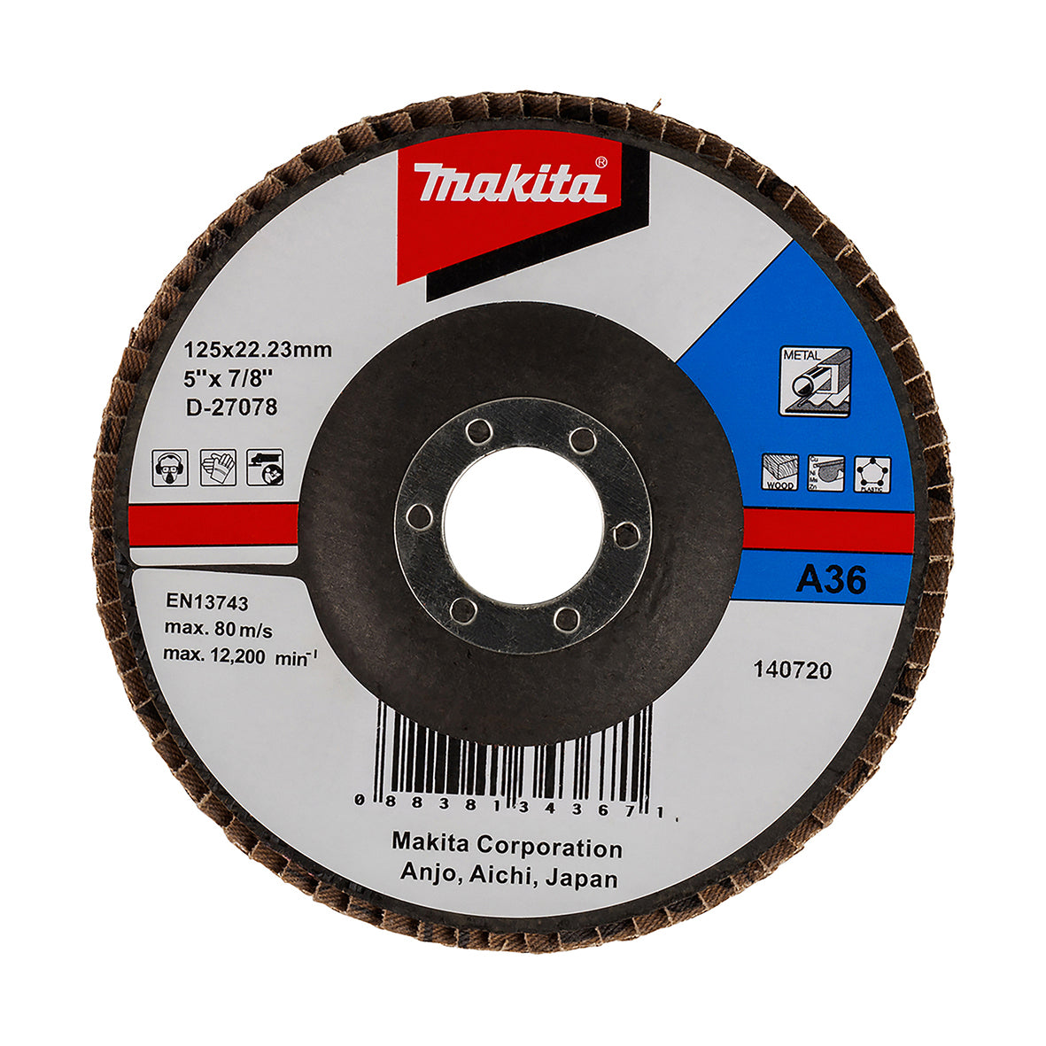 Makita Grinding & Cutting 125mm Flap Disc 36# Grit - Aluminium Oxide - Angled  | SKU  D-27078