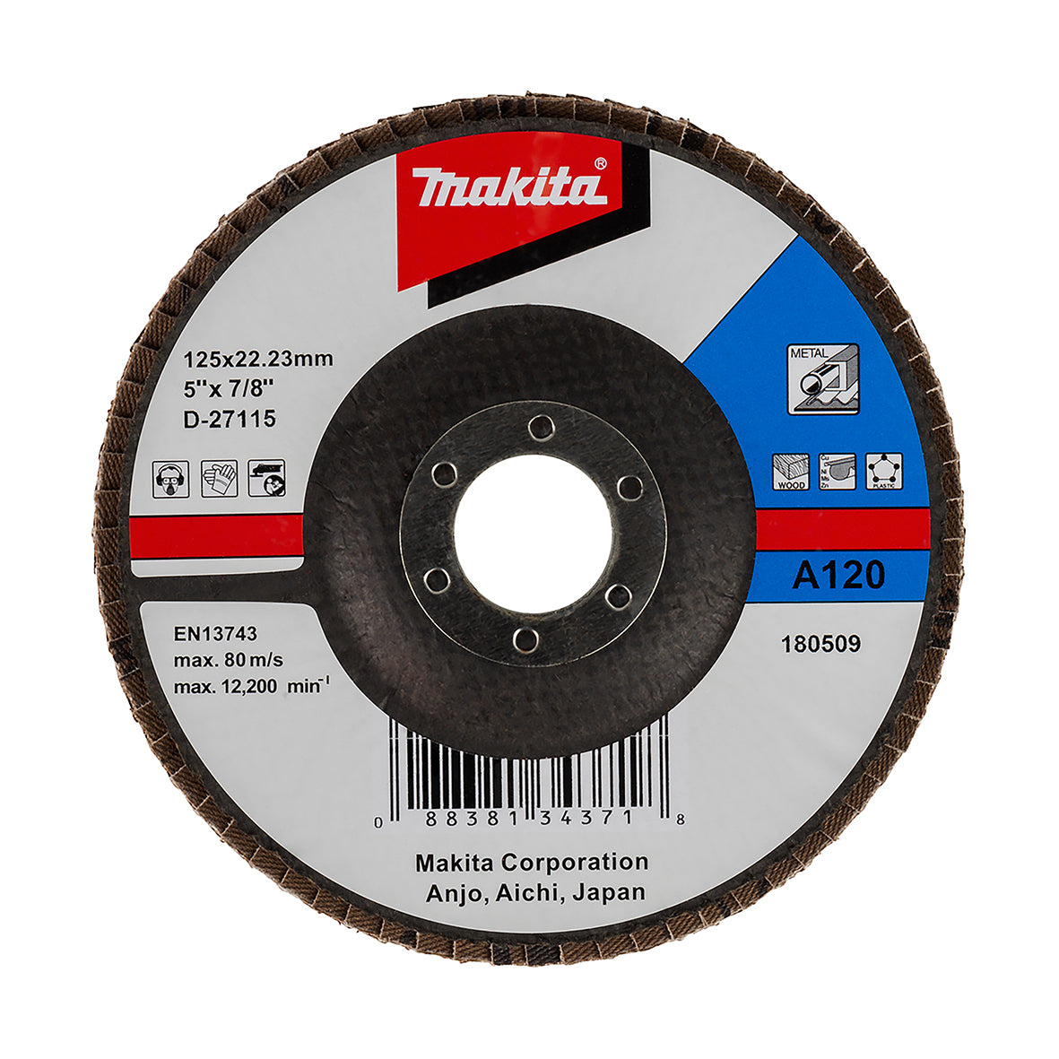 Makita Grinding & Cutting 125mm Flap Disc 120#Grit - Aluminium Oxide - Angled  | SKU  D-27115