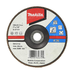 Makita Grinding & Cutting 180mm Flap Disc 36# Grit - Aluminium Oxide - Angled  | SKU  D-27121