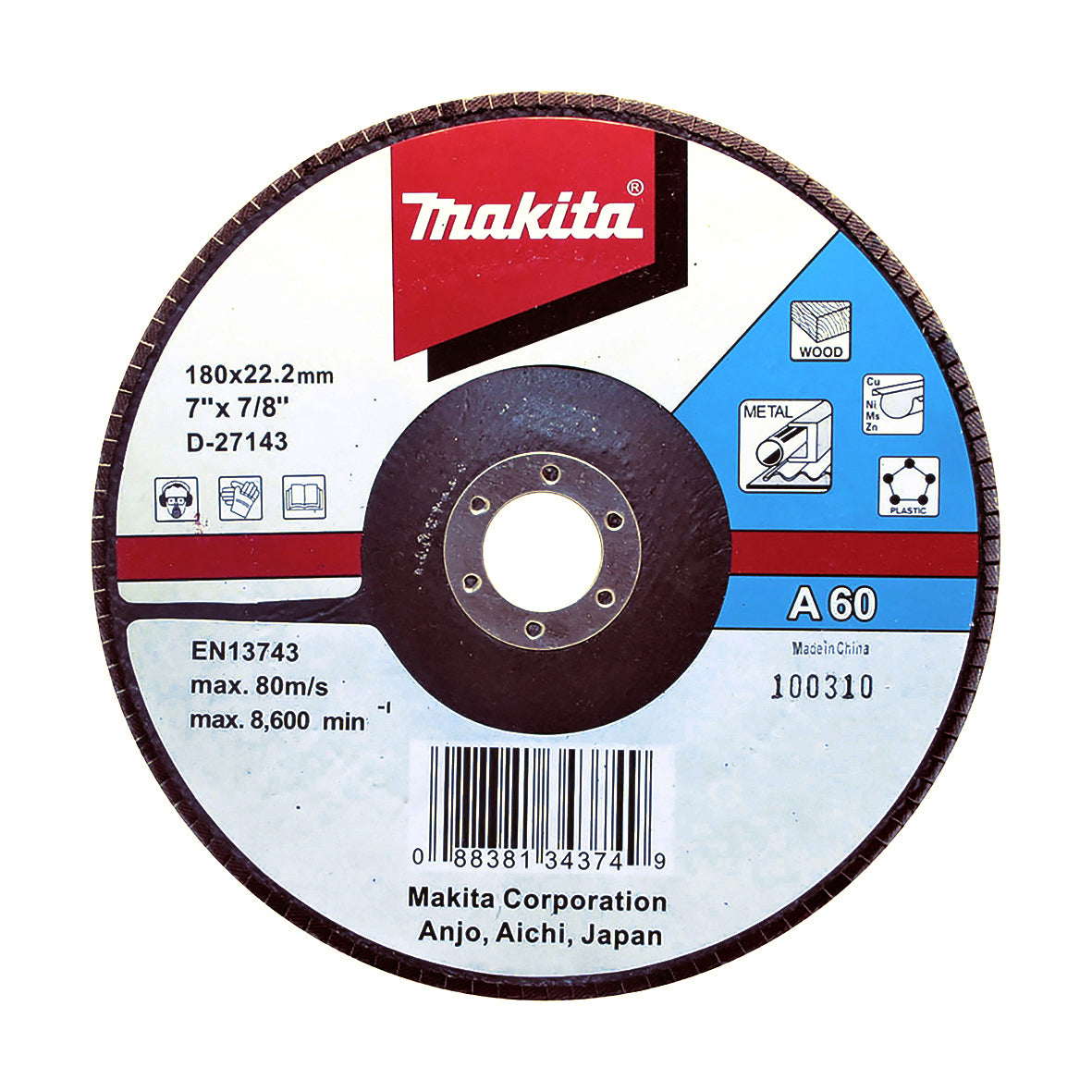 Makita Grinding & Cutting 180mm Flap Disc 60# Grit - Aluminium Oxide - Angled  | SKU  D-27143