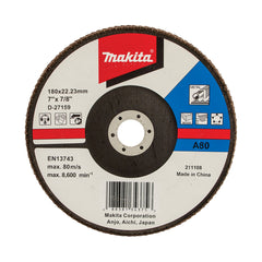 Makita Grinding & Cutting 180mm Flap Disc 80# Grit - Aluminium Oxide - Angled  | SKU  D-27159