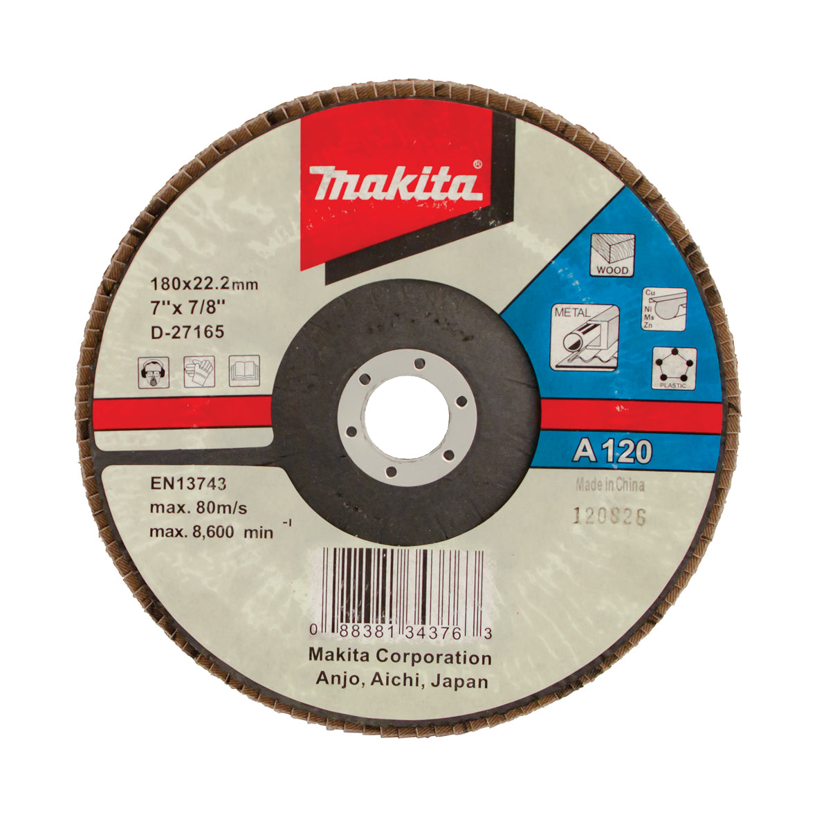 Makita Grinding & Cutting 180mm Flap Disc 120# Grit - Aluminium Oxide - Angled  | SKU  D-27165