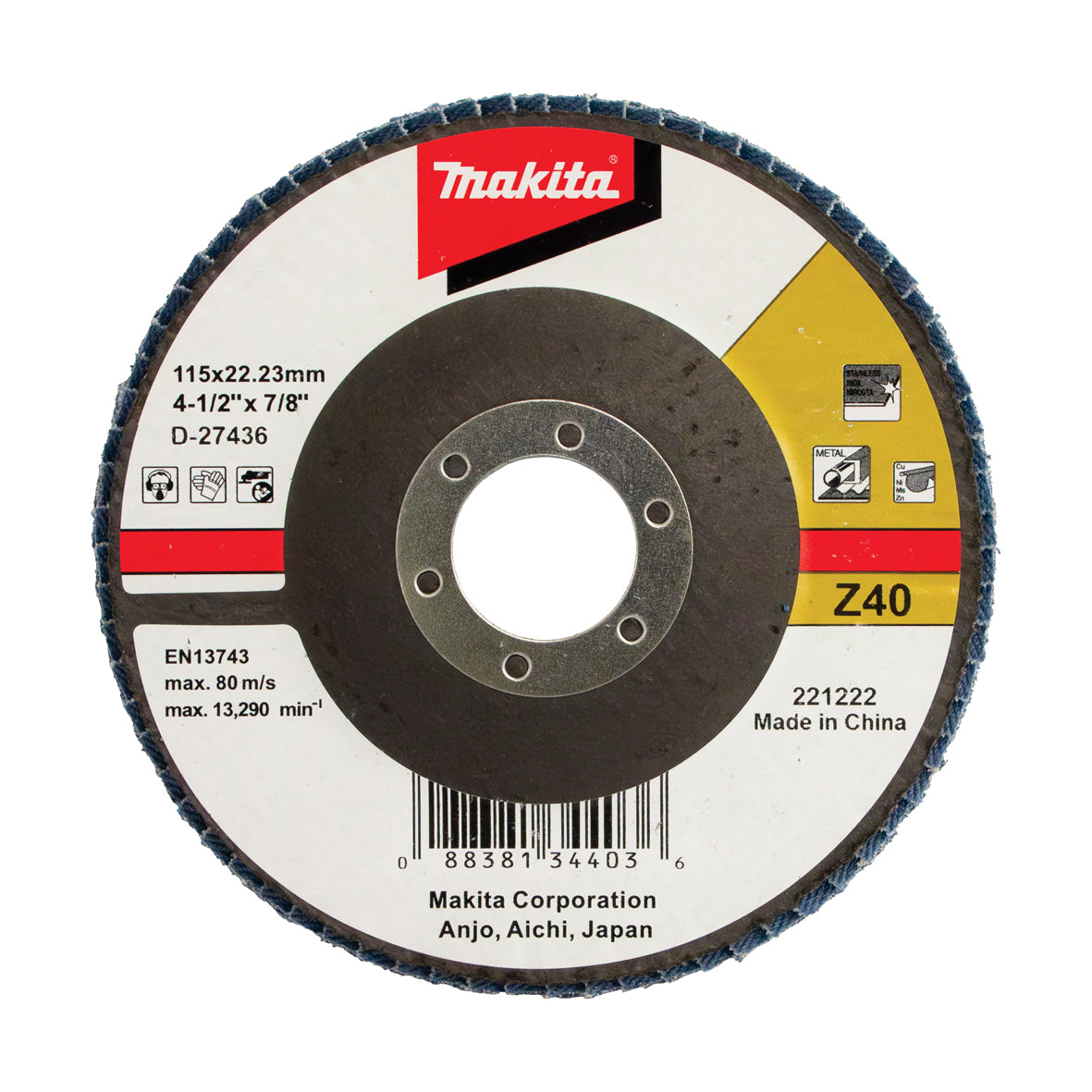 Makita Grinding & Cutting 115mm Flap Disc 40# Grit - Zirconia Alumina - Angled | SKU D-27436