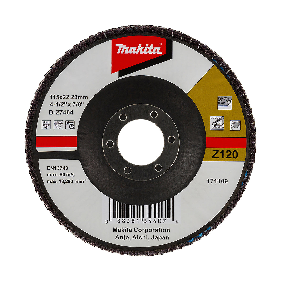 Makita Grinding & Cutting 115mm Flap Disc 120# Grit - Zirconia Alumina - Angled | SKU D-27464