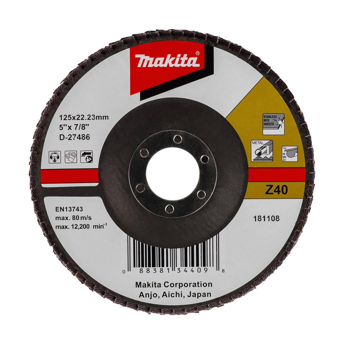 Makita Grinding & Cutting 125mm Flap Disc 40# Grit - Zirconia Alumina - Angled | SKU D-27486
