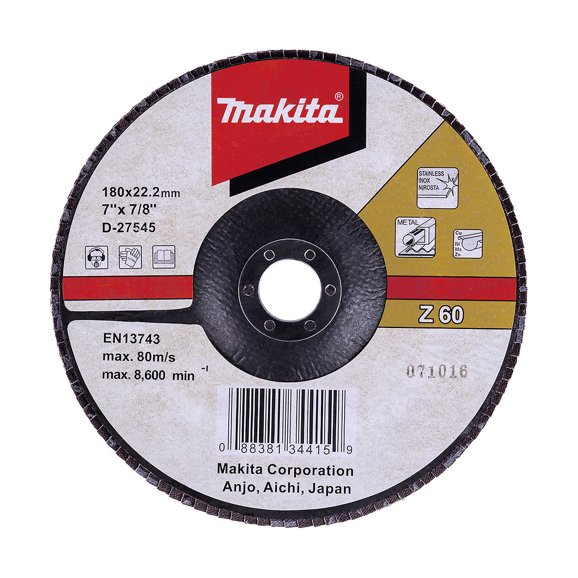 Makita Grinding & Cutting 180mm Flap Disc 60# Grit - Zirconia Alumina - Angled | SKU D-27545