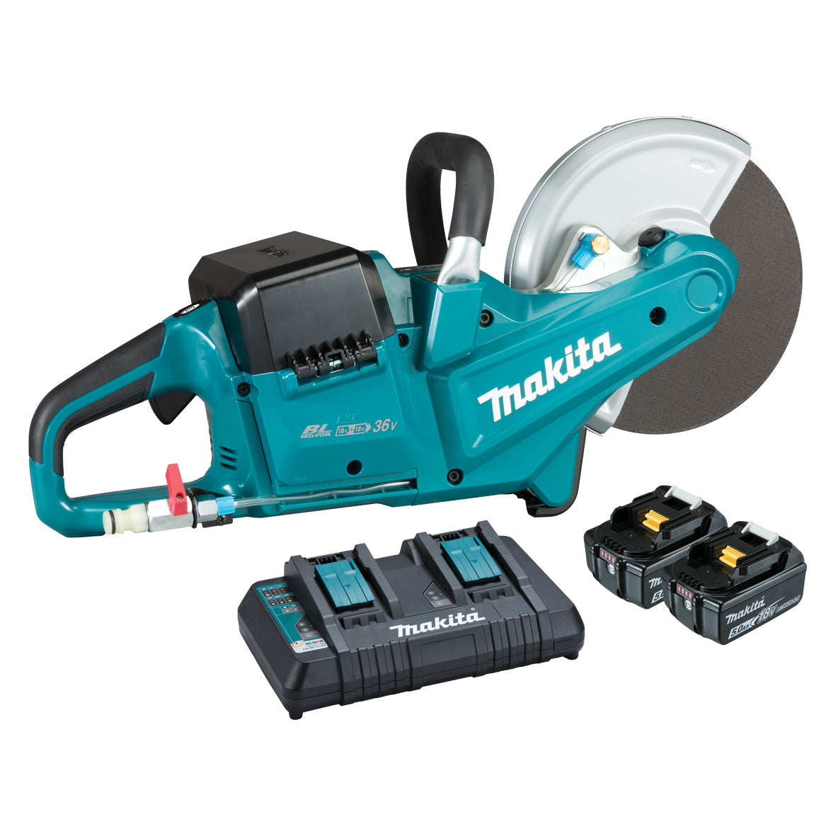 Makita Tools - 18V x 2 Brushless 230mm (9") Power Cutter Kit - Includes 2 x 5.0Ah Batteries Dual Port Rapid Charger * Blade not included | DCE090PT2
