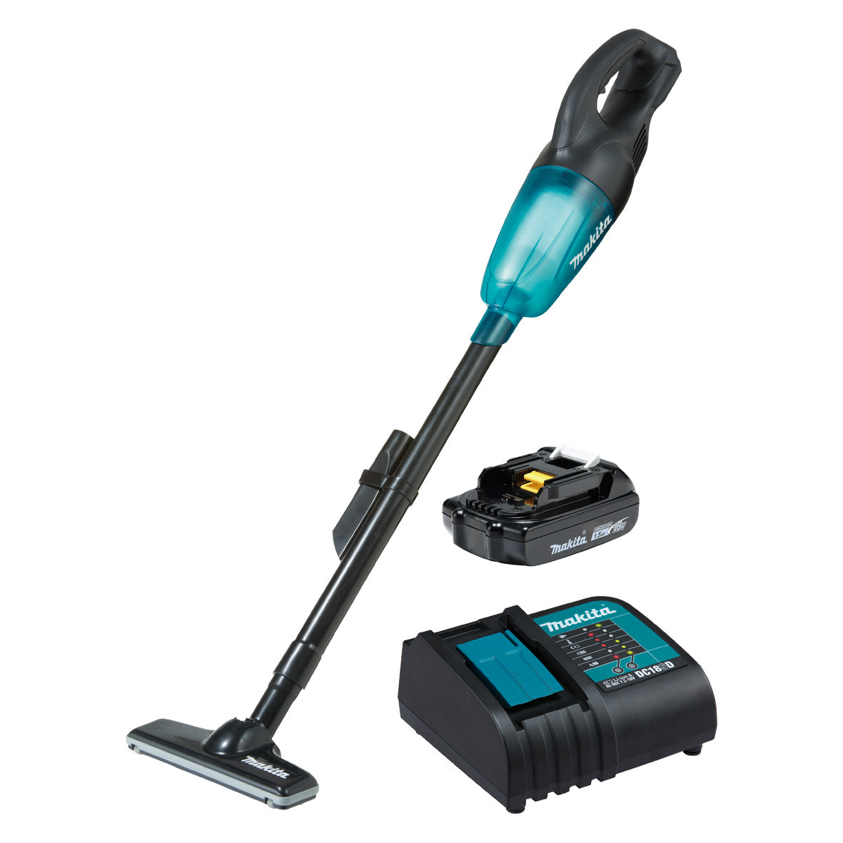Makita Tools - 18V Stick Vacuum black housing high performance filter transparent capsule Kit - Includes 1 x 1.5Ah Battery & Charger | DCL180SYB
