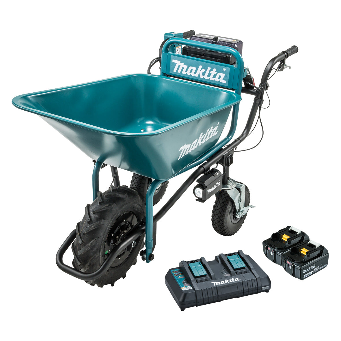Makita Tools - 18V Brushless Wheelbarrow with bucket (198494-2) Kit - Includes 2 x 5.0Ah Batteries & Dual Port Rapid Charger | DCU180PT2B