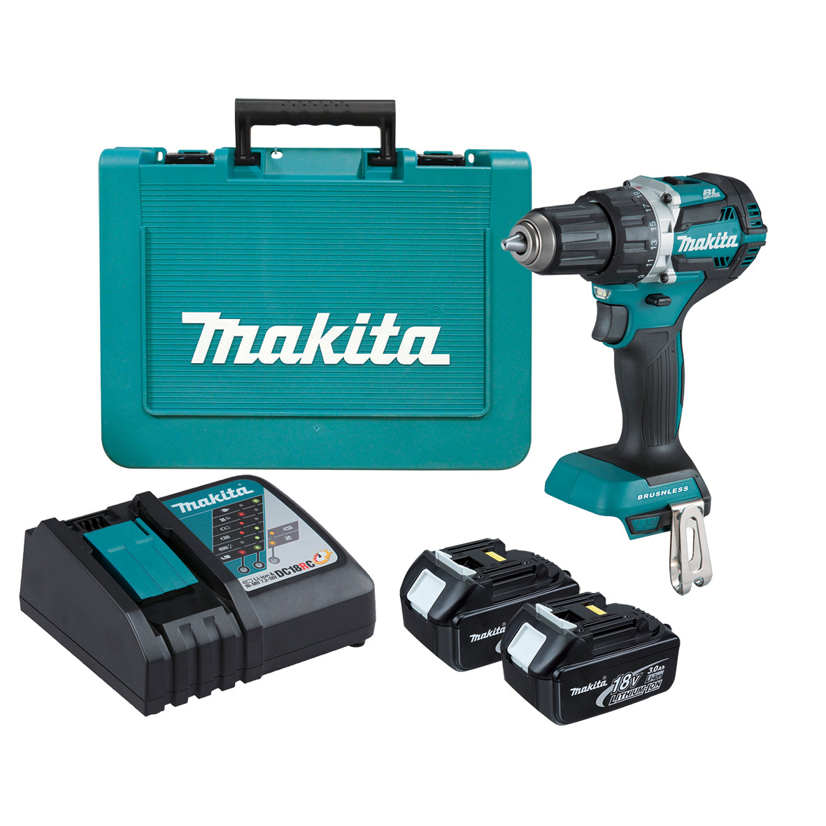 Makita Tools - 18V Compact Brushless Heavy Duty Driver Drill Kit - Includes 2 x 3.0Ah Batteries Rapid Charger & Carry Case | DDF484RFE
