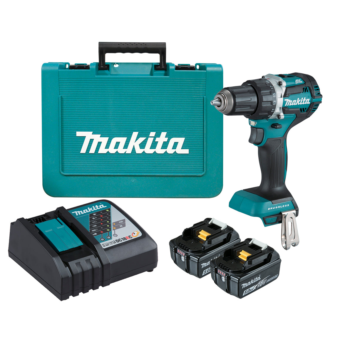 Makita Tools - 18V Compact Brushless Heavy Duty Driver Drill Kit - Includes 2 x 5.0Ah Batteries Rapid Charger & Carry Case | DDF484RTE