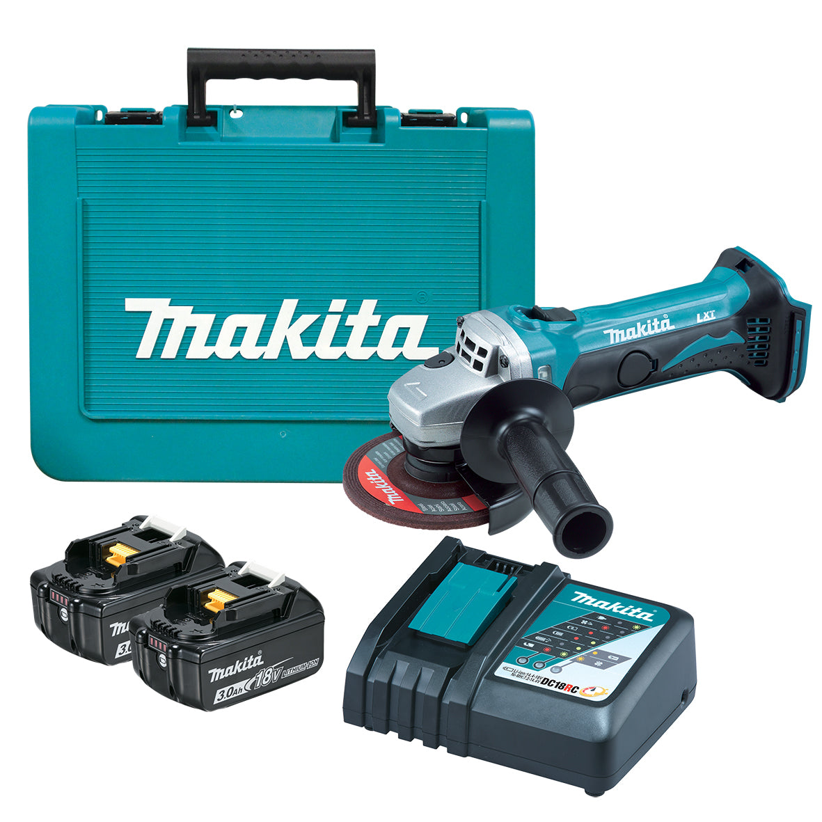 Makita Tools - 18V 115mm Angle Grinder Kit - Includes 2 x 3.0Ah Batteries Rapid Charger & Carry Case | DGA452RFE