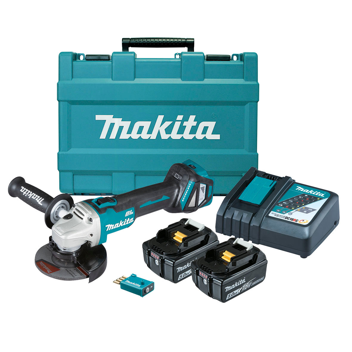 Makita Tools - 18V Brushless AWS 125mm Variable Speed Slide Switch Angle Grinder Kit - Includes 2 x 5.0Ah Batteries Rapid Charger & Carry Case | DGA512RTEU