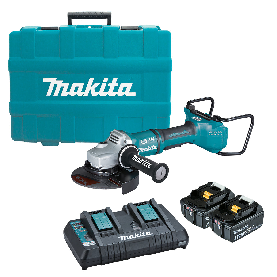 Makita Tools - 18V x 2 Brushless AWS 180mm Paddle Switch Angle Grinder Kit - Includes 2 x 5.0Ah Batteries Dual Port Rapid Charger & Carry Case | DGA701T2U1