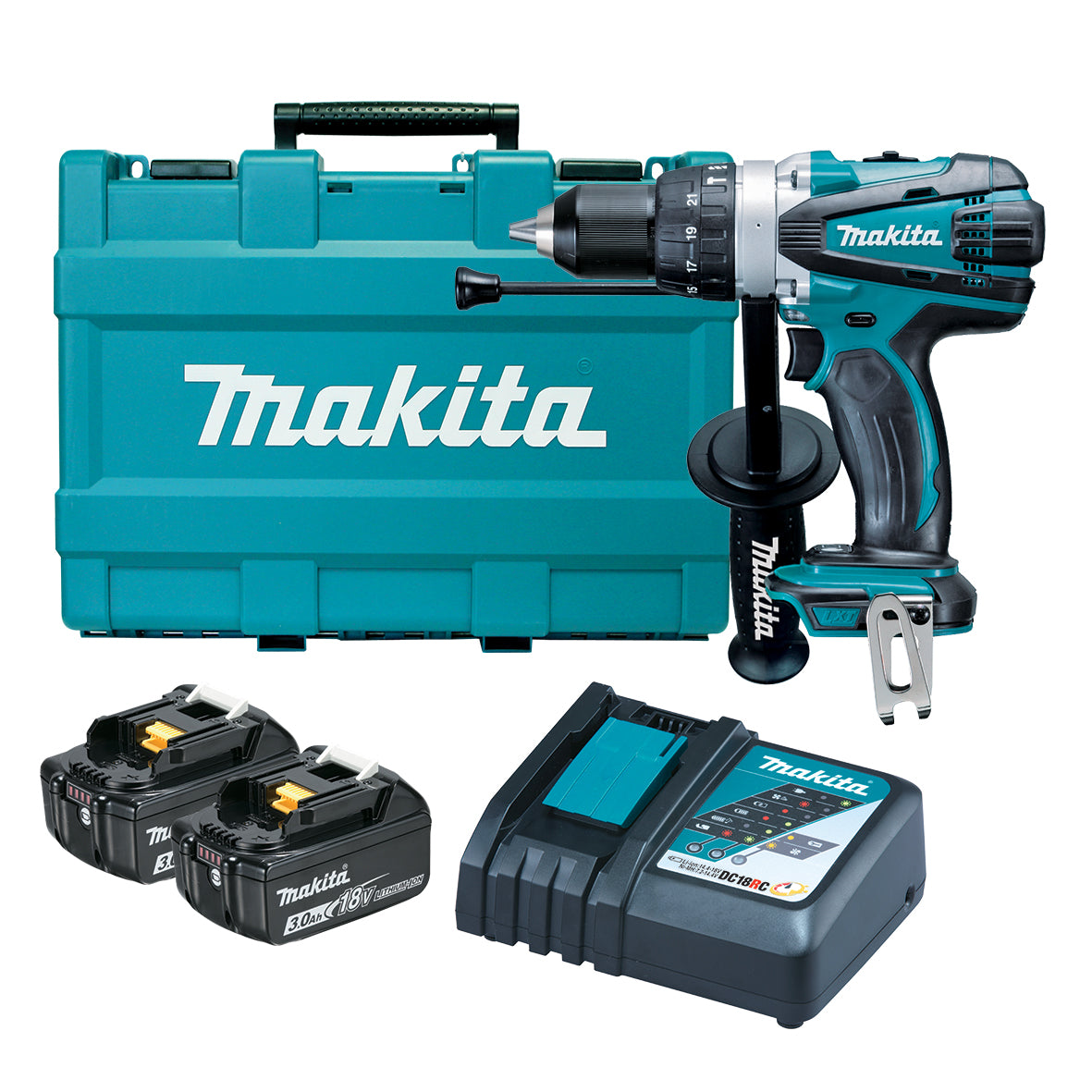 Makita Tools - 18V Heavy Duty Hammer Driver Drill Kit - Includes 2 x 3.0Ah Batteries Rapid Charger & Carry Case | DHP458RFE