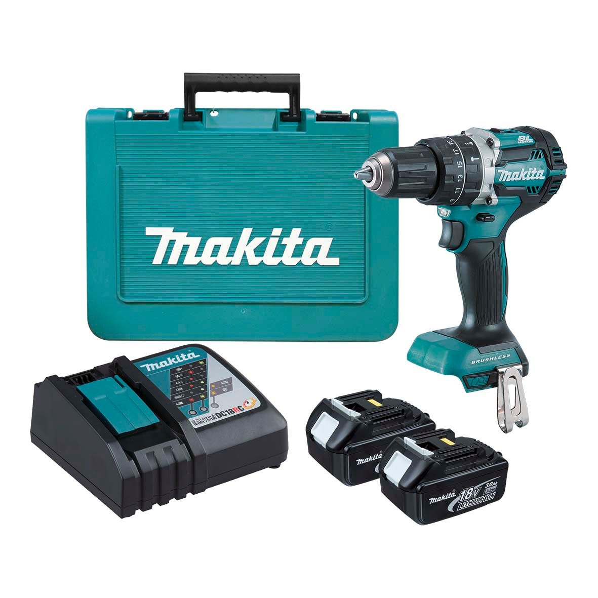 Makita Tools - 18V Compact Brushless Heavy Duty Hammer Driver Drill Kit - Includes 2 x 3.0Ah Batteries Rapid Charger & Carry Case | DHP484RFE