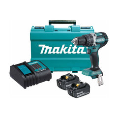 Makita Tools - 18V Compact Brushless Heavy Duty Hammer Driver Drill Kit - Includes 2 x 3.0Ah Batteries Charger & Carry Case | DHP484SFE