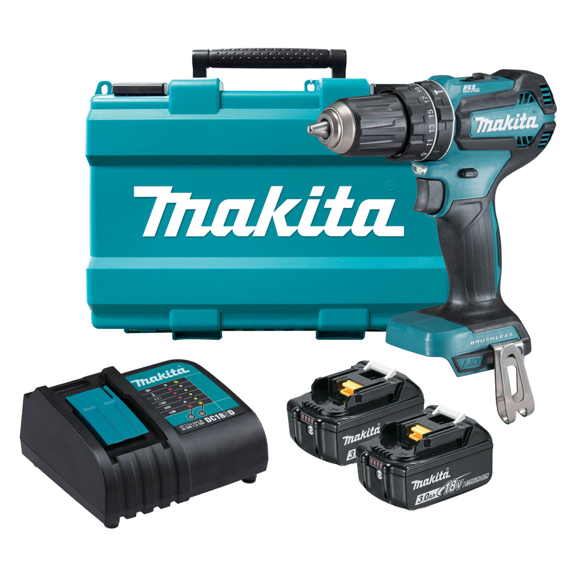 Makita Tools - 18V Brushless Hammer Driver Drill Kit - Includes 2x 3.0Ah Batteries Charger & Carry Case | DHP485SFE