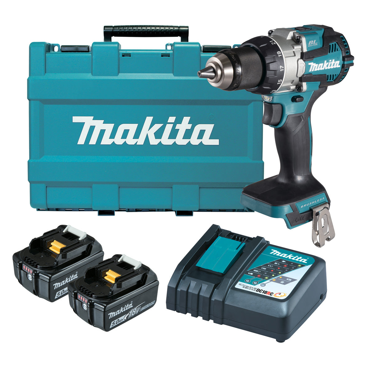 Makita Tools - 18V Brushless Heavy Duty Hammer Driver Drill - Includes 2 x 5.0Ah Batteries Rapid Charger & Carry Case | DHP489RTE