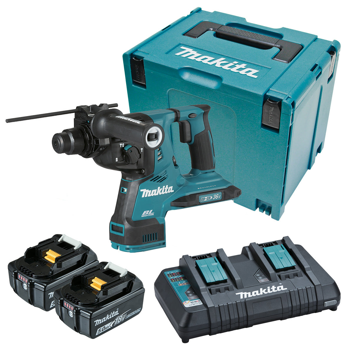 Makita Tools - 18V x 2 Brushless AWS* 28mm SDS Plus Rotary Hammer Kit -  Includes 2 x 5.0Ah Batteries Dual Port Rapid Charger & Makpac Case *AWS Receiver sold separately (198901-5) | DHR282PT2J