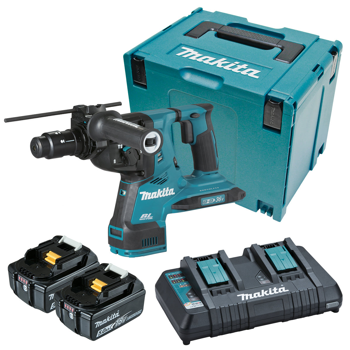 Makita Tools - 18V x 2 Brushless AWS 28mm SDS Plus Rotary Hammer Kit -  Includes 2 x 5.0Ah Batteries Dual Port Rapid Charger & Makpac Case | DHR283PT2JU