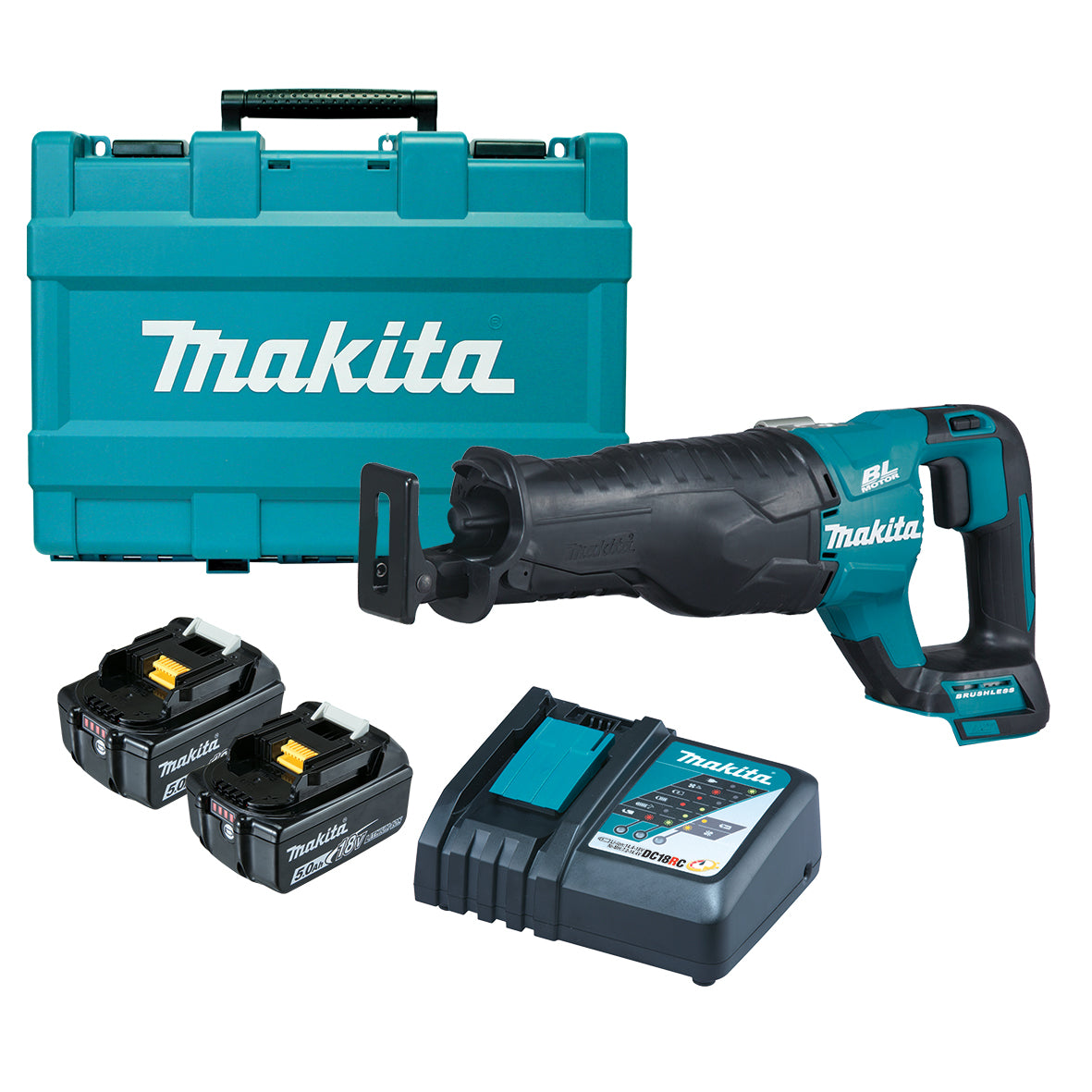 Makita Tools - 18V Brushless Recipro Saw - Includes 2 x 5.0Ah Batteries Rapid Charger & Carry Case | DJR187RTE