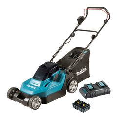Makita Tools - 18V x 2 380mm (15") Lawn Mower Kit - Includes 2 x 5.0Ah Batteries & Dual Port Rapid Charger | DLM382CT2
