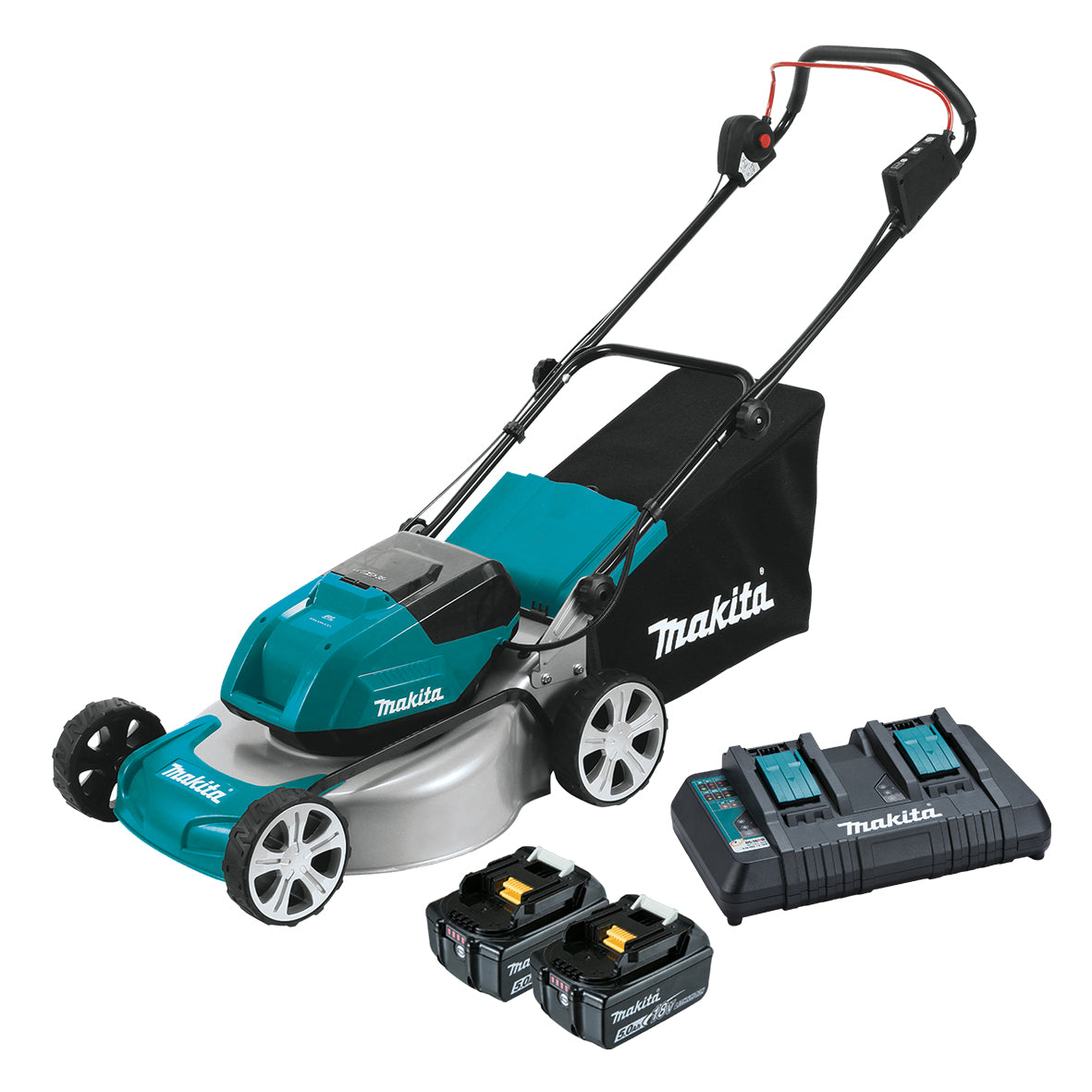 Makita Tools - 18V x 2 Brushless 460mm (18") Lawn Mower Kit bar blade - Includes 2 x 5.0Ah Batteries & Dual Port Rapid Charger | DLM464PT2