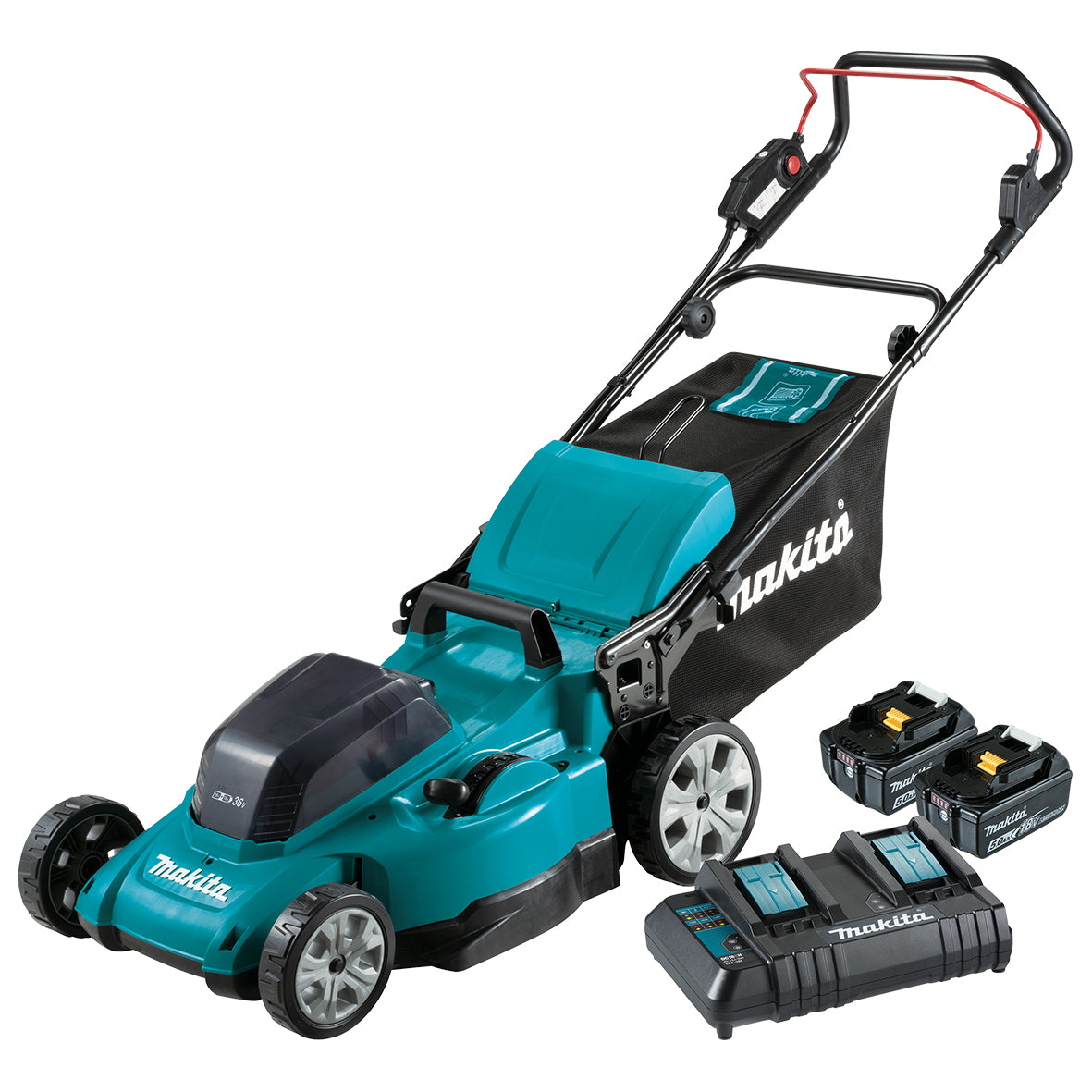 Makita Tools - 18V x 2 480mm Lawn Mower Kit - Includes 2 x 5.0Ah Batteries and Dual Port Standard Charger | DLM480CT2