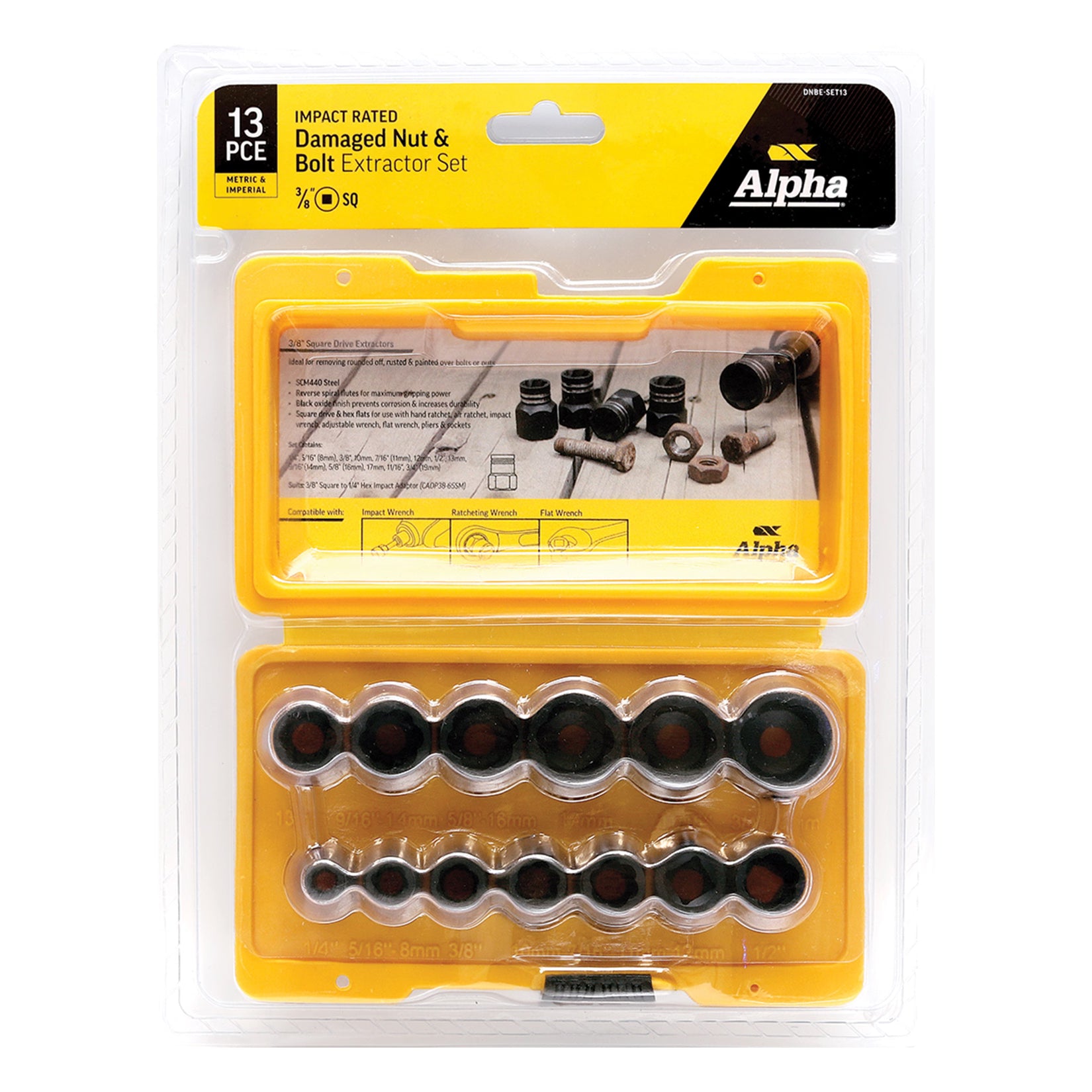 Alpha - 13 Pc Damaged Nut & Bolt Extractor Set 3/8" Drive Metric/Imperial