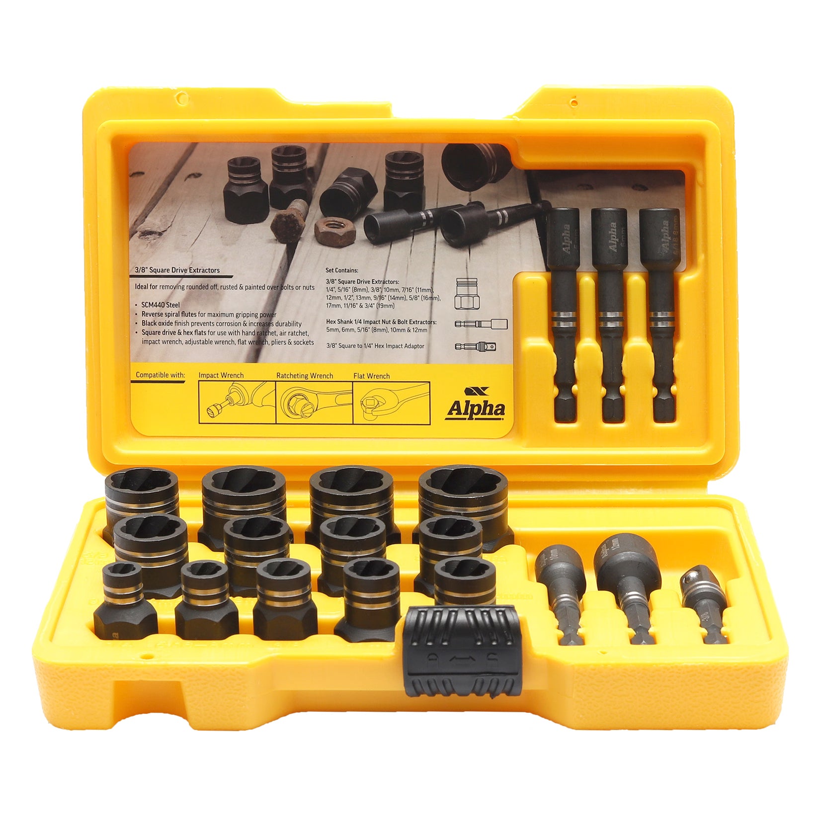 Alpha - 19 Pc Damaged Nut & Bolt Extractor Set 1/4" & 3/8" Drive Metric/Imperial